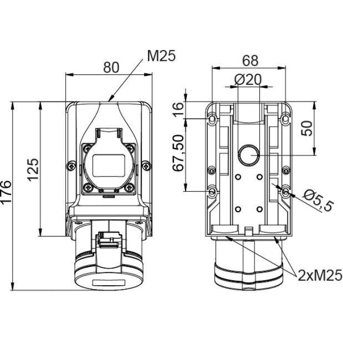 Розетка комбінована IDE SCHUKO 2P+E/3P+N+E 16A 200/346–240/415V IP44