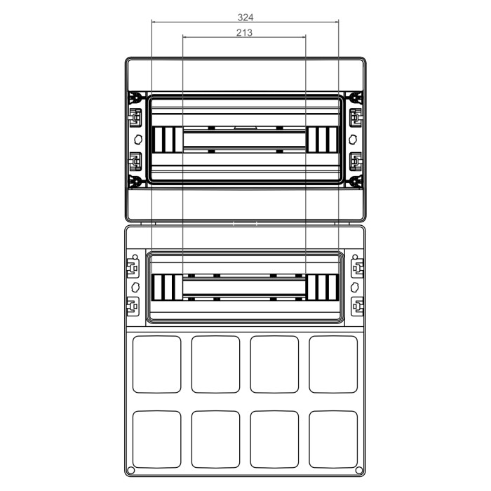 Настінний корпус для сил. розеток IDE з отв STAR 2×18 MOD 728×418x147mm, IP65 з шинами N+PE