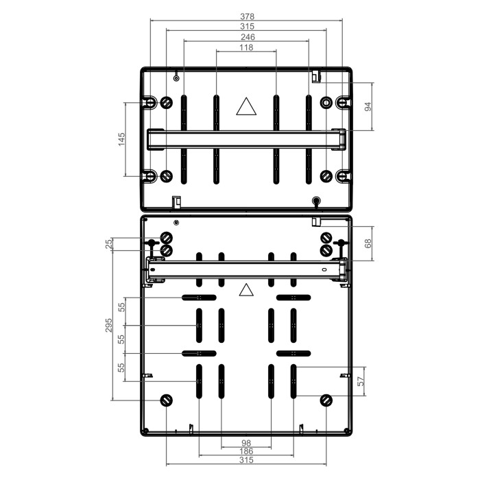 Настінний корпус для сил. розеток IDE з отв STAR 2×18 MOD 728×418x147mm, IP65 з шинами N+PE