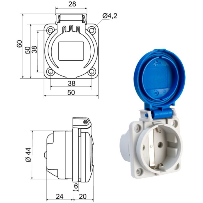 Розетка настінна IDE SCHUKO 2P+E 16A 250V IP54