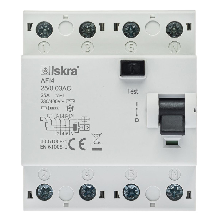 Пристрій захисного відключення ISKRA AFI4 25A 3P+N 0.03A