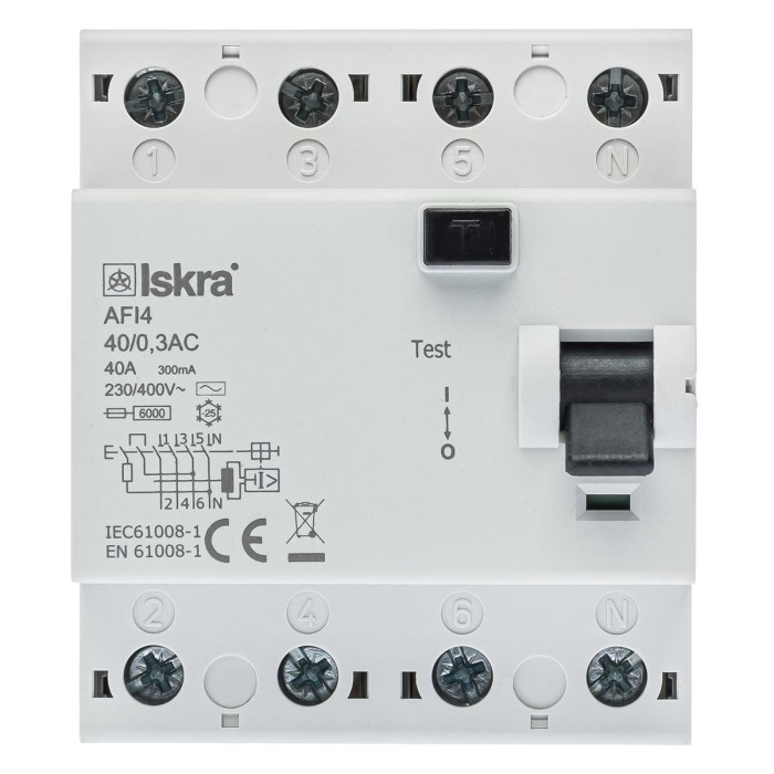 Пристрій захисного відключення ISKRA AFI4 40A 3P+N 0.3A