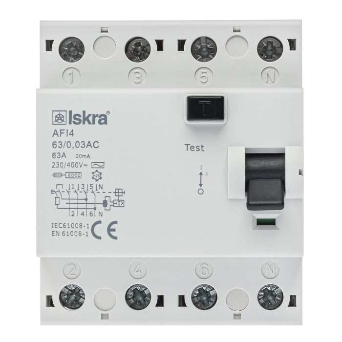 Пристрій захисного відключення ISKRA AFI4 63A 3P+N 0.03A