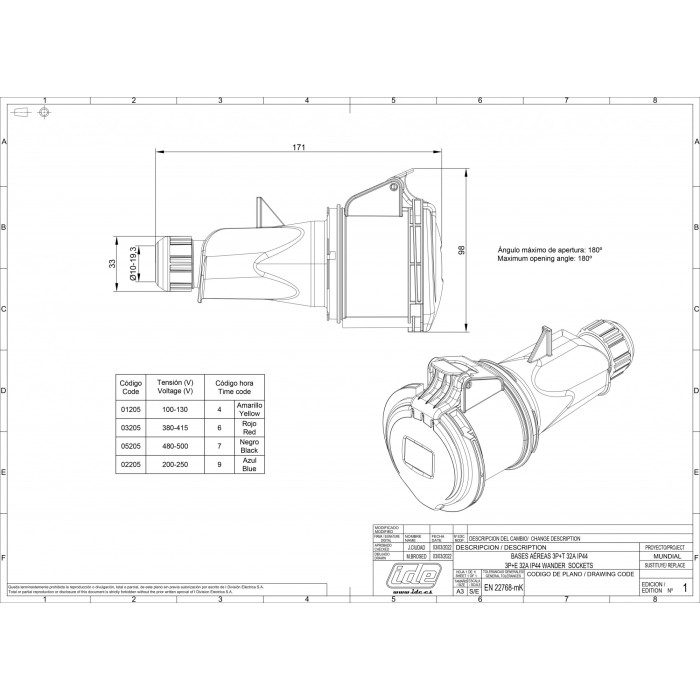 Розетка кабельна IDE MUNDIAL 3P+E 32A 380–415V IP44