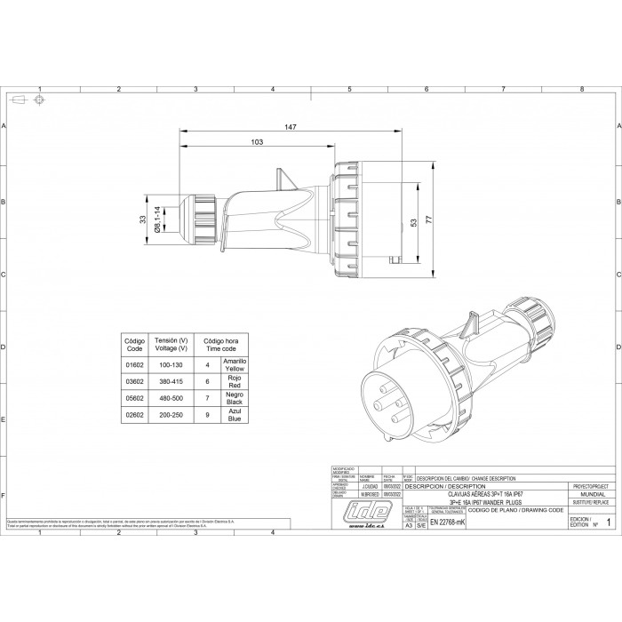 Вилка кабельна IDE MUNDIAL 3P+E 16A 380–415V IP66-67