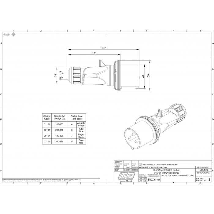 Вилка кабельна IDE MUNDIAL 2P+E 16A 220–250V IP44