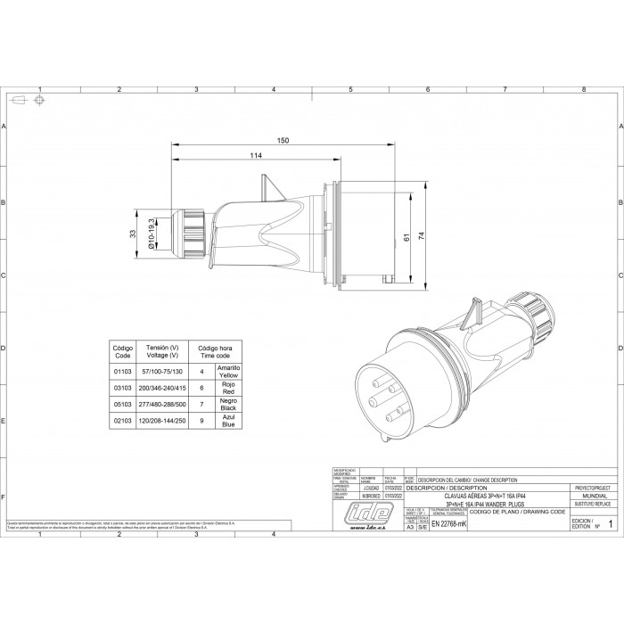 Вилка кабельна IDE MUNDIAL 3P+N+E 16A 200/346–240/415V IP44