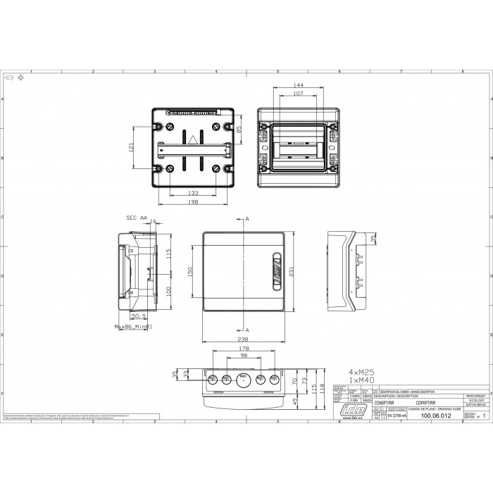 Корпус розподільчий IDE (ABS-пластик) ECOLOGY,1×8 модулів 231×238x118, IP65, з шинами N і PE