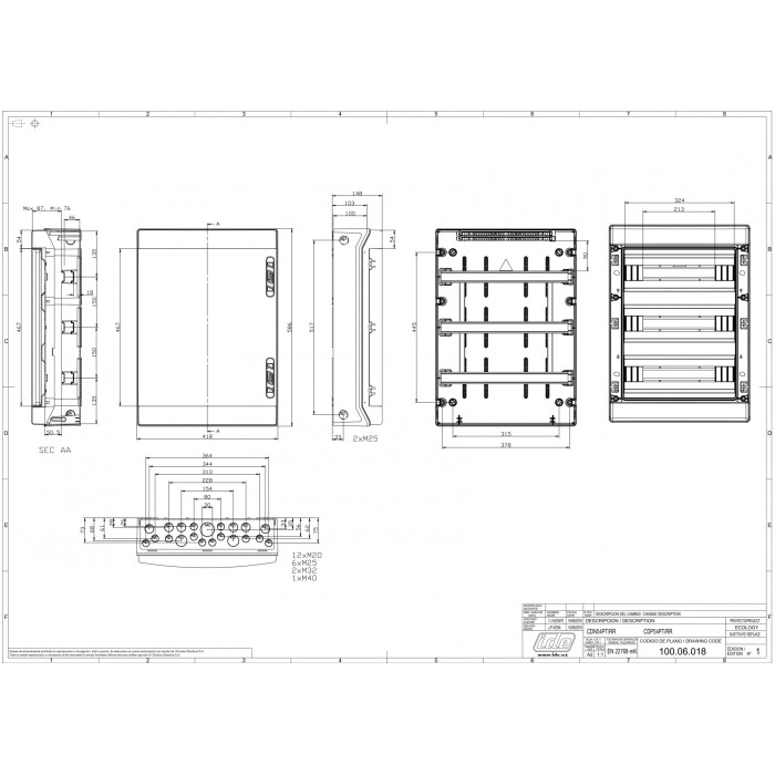 Корпус розподільчий IDE (ABS-пластик), 54 модулі (3×18), IP65, з N і PE шинами