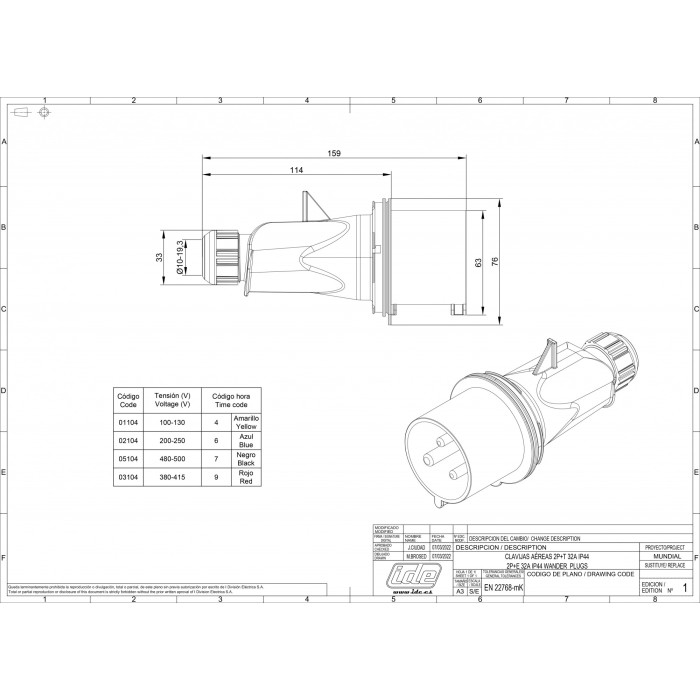 Вилка кабельна IDE MUNDIAL 2P+E 32A 200–250V IP44