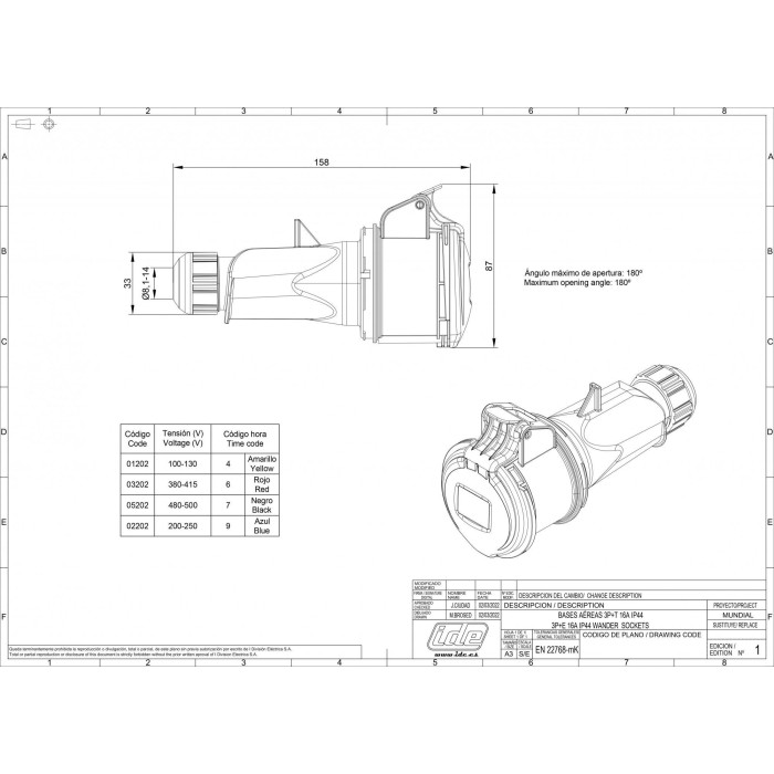 Розетка кабельна IDE MUNDIAL 3P+E 16A 380–415V IP44